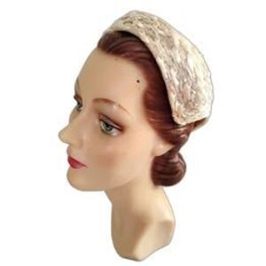 1950s Cream Satin Ribbon and Aurora Borealis Sequin Evening Hat
